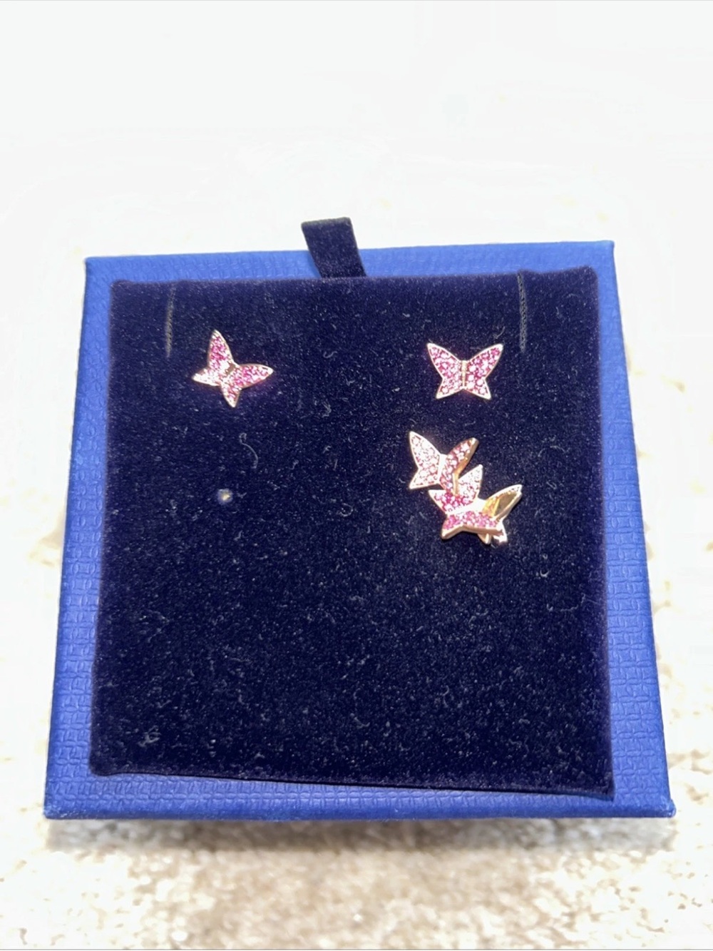 Swarovski Pink Crystal Butterfly Stud Earrings Rose Gold Plated Pavé, Signed